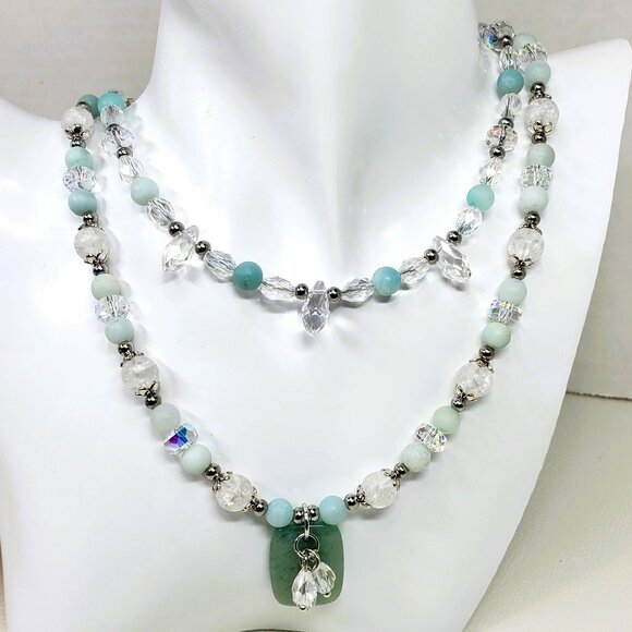 Amazonite and Crystal Beaded Necklace, Multi Strand Necklace - Picture 1 of 11